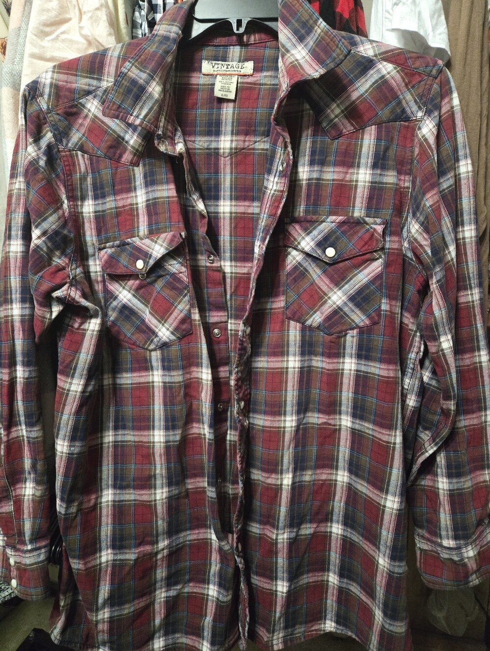 Vintage By Route 66 Red White Blue Pearl Snap Western Button Down Flannel Shirt